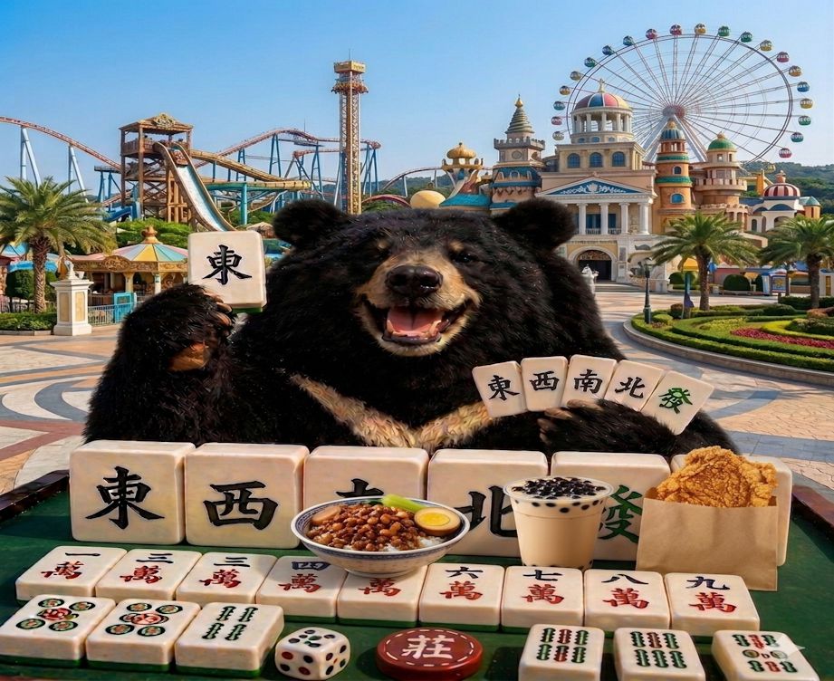 義大世界打麻將,台灣黑熊搭摩天輪吃滷肉飯,台灣熊愛打麻將,台灣黑熊在義大世界打麻將,熊掌摸牌,國寶熊界雀聖,國寶喝珍珠奶茶半糖去冰配雞排不切要辣,台灣黑熊高雄港賭神,高雄胡牌勝地